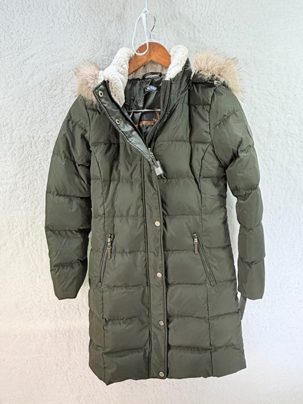 Lauren Ralph Lauren Women’s XXS Loden Green Faux Fur Trim Down Puffer Coat NWT